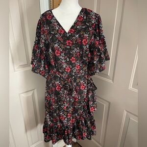 Max Studio crepe black & red floral ruffled wrap dress. Size L.